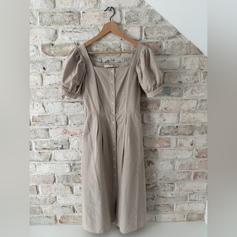 Katharine Kidd Square Neck Puff-Sleeve Midi Dress in Taupe